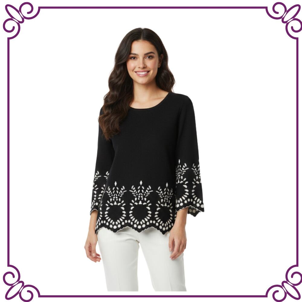Alfani 3/4 Sleeve Black & White Pineapple Knit Cotton Blend Sweater SZ PM